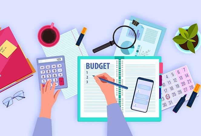 Illustrated flat lay of hands working on a personal budget with a notebook, calculator, smartphone, documents, coffee cup, and calendar representing financial planning and money management.